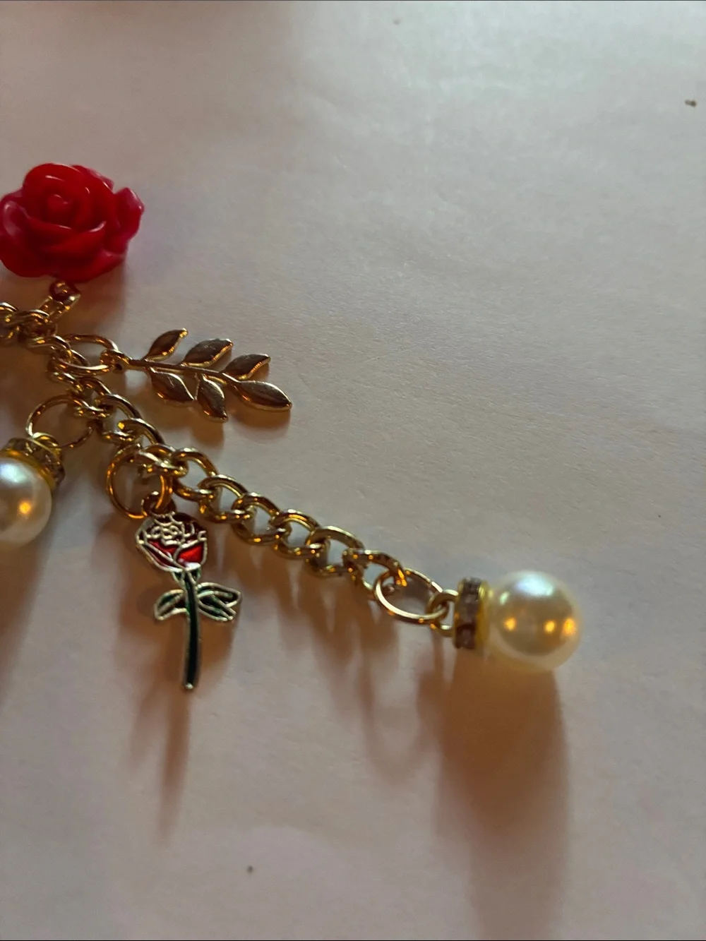 Gold-tone Red Rose Charm Keychain with Pearls